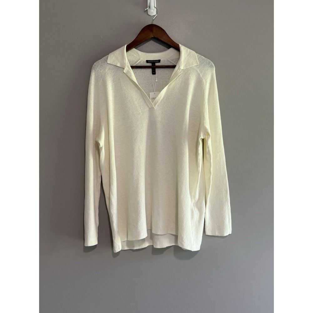 Eileen Fisher Linen Crepe Stretch Top Boxy Ivory Cream Classic Collar Texture M - Picture 6 of 16